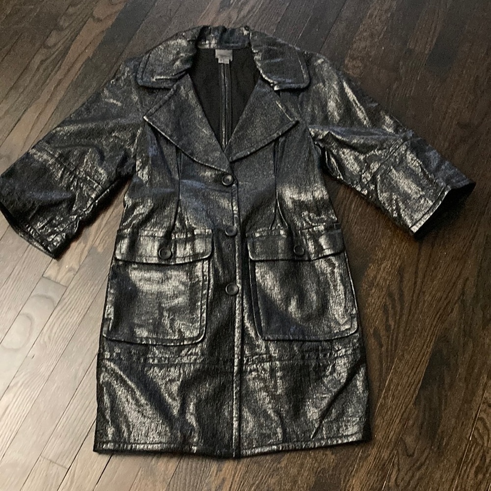 PREMISE black 3/4 sleeve button front trench coat w 2 pockets & belt EUC! Size S